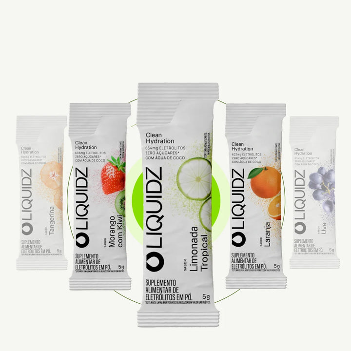 Os 5 sachês de LIQUIDZ do kit degustação